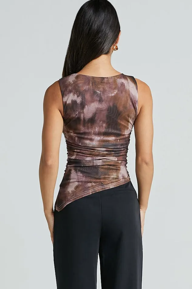 Alexis Top 8211 Boat Neck Ruched Asymmetric Mesh Top In Rustic Haze Print Women Showpo Tops