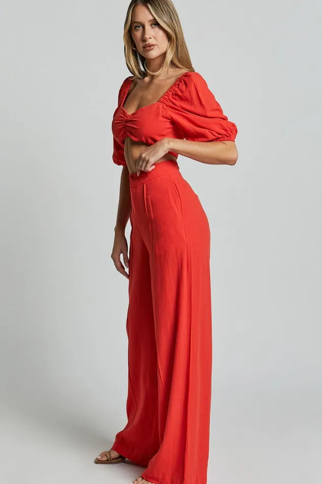 Aleydise Two Piece Set 8211 Puff Sleeve Gathered Crop Top And Pants Set In Burnt Orange Women Showpo Curve Clothes