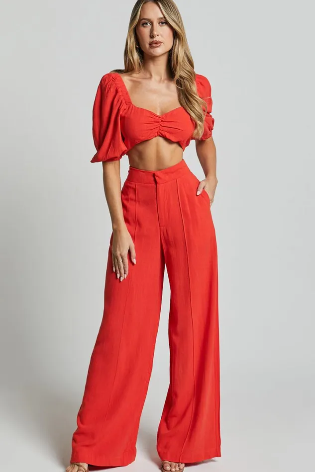 Aleydise Two Piece Set 8211 Puff Sleeve Gathered Crop Top And Pants Set In Burnt Orange Women Showpo Curve Clothes
