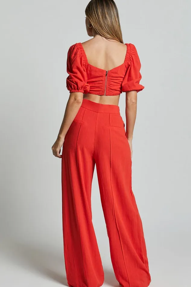 Aleydise Two Piece Set 8211 Puff Sleeve Gathered Crop Top And Pants Set In Burnt Orange Women Showpo Curve Clothes