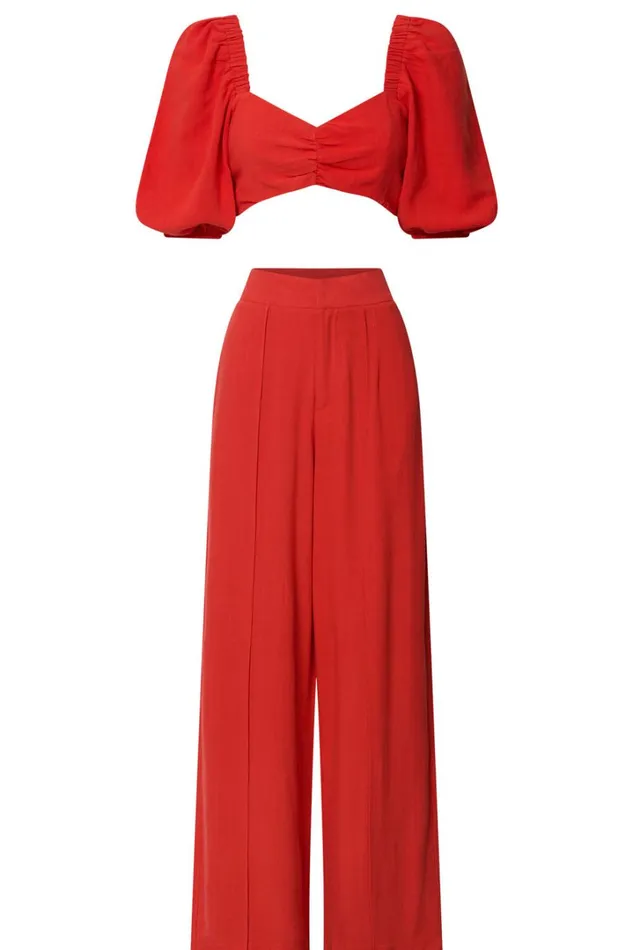 Aleydise Two Piece Set 8211 Puff Sleeve Gathered Crop Top And Pants Set In Burnt Orange Women Showpo Curve Clothes