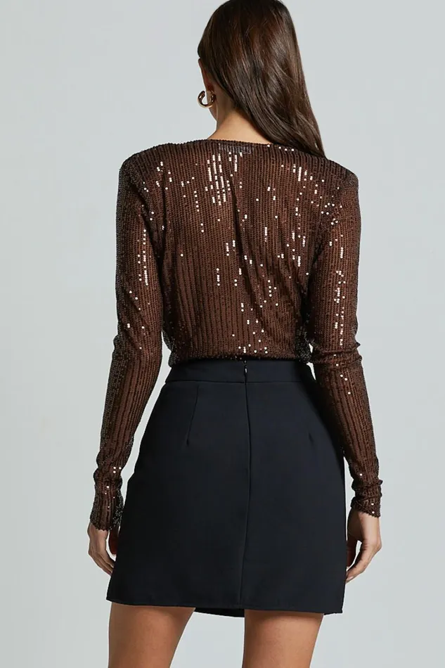 Alora Bodysuit 8211 Sequin Wrap Front Long Sleeve Bodysuit In Chocolate Women Showpo Tops