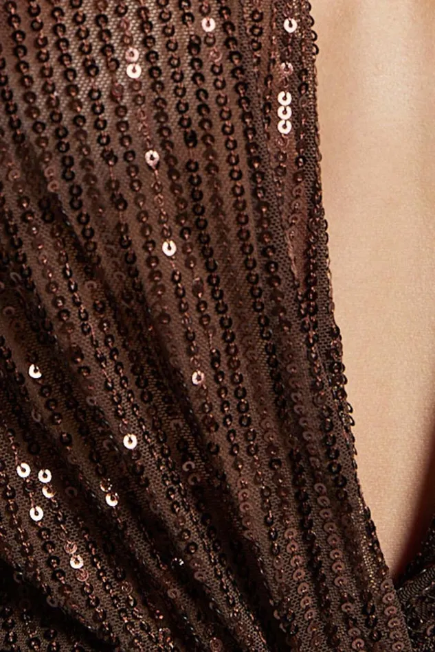 Alora Bodysuit 8211 Sequin Wrap Front Long Sleeve Bodysuit In Chocolate Women Showpo Tops