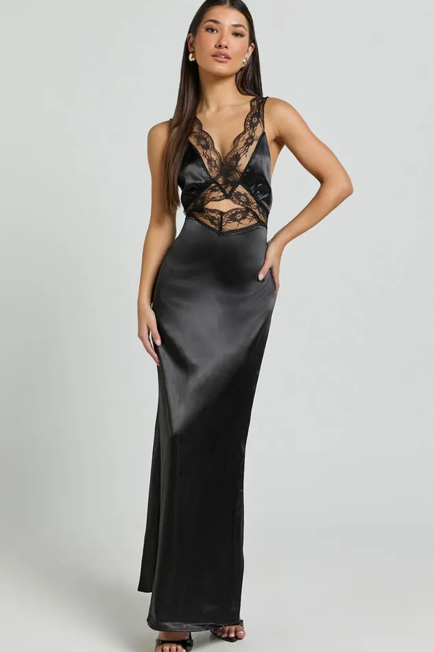 Alysia Midi Dress 8211 V Neck Lace Detail Slip Dress In Black Women Showpo Dresses