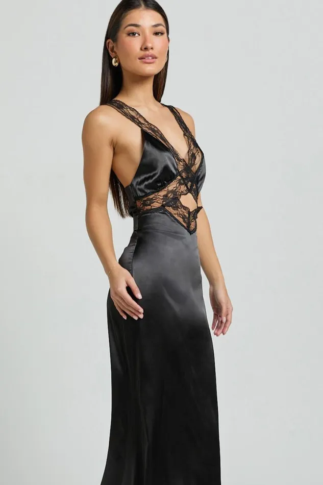 Alysia Midi Dress 8211 V Neck Lace Detail Slip Dress In Black Women Showpo Dresses