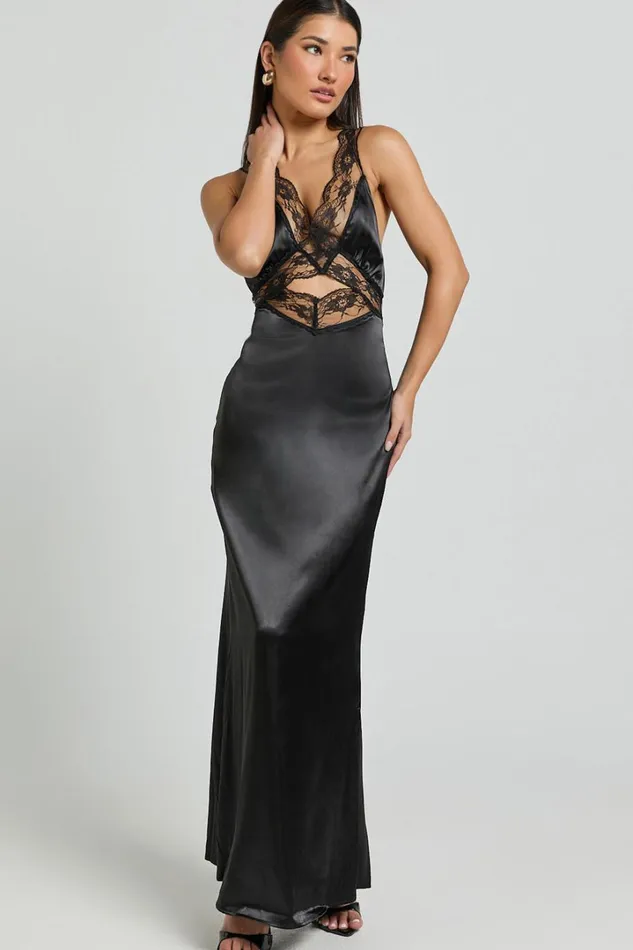 Alysia Midi Dress 8211 V Neck Lace Detail Slip Dress In Black Women Showpo Dresses