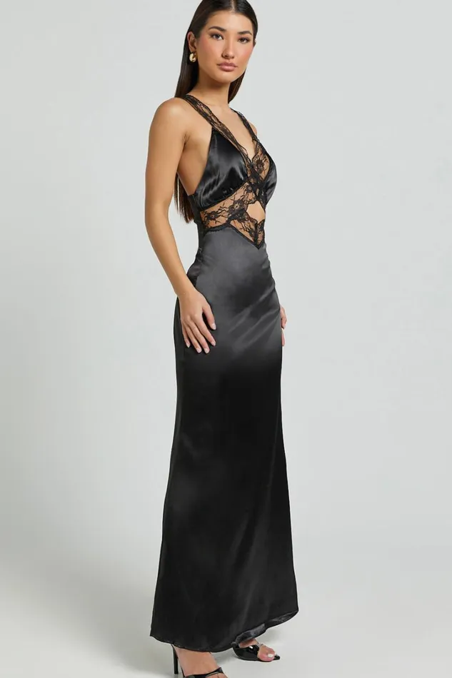 Alysia Midi Dress 8211 V Neck Lace Detail Slip Dress In Black Women Showpo Dresses