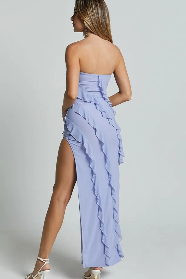 Alyssa Midi Dress 8211 Strapless High Slit Ruffle Detail Dress In Soft Blue Women Showpo Dresses
