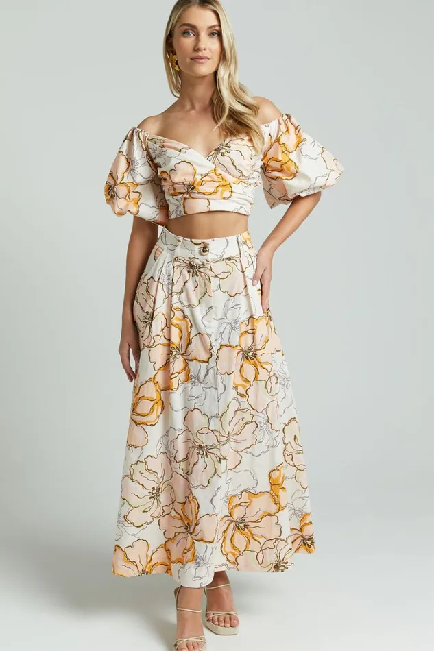 Amalie The Label 8211 Alienor Linen Blend High Waisted Midi Skirt In Maison Fleur Women Showpo Skirts