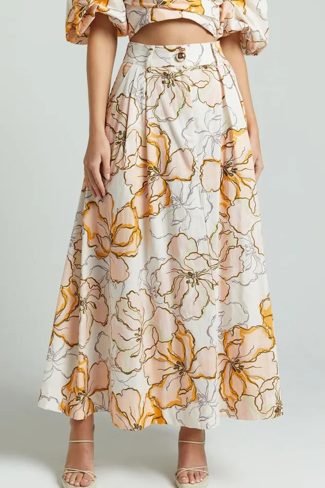 Amalie The Label 8211 Alienor Linen Blend High Waisted Midi Skirt In Maison Fleur Women Showpo Skirts