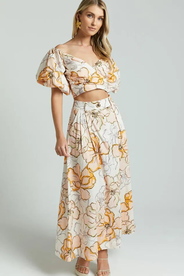 Amalie The Label 8211 Alienor Linen Blend High Waisted Midi Skirt In Maison Fleur Women Showpo Skirts