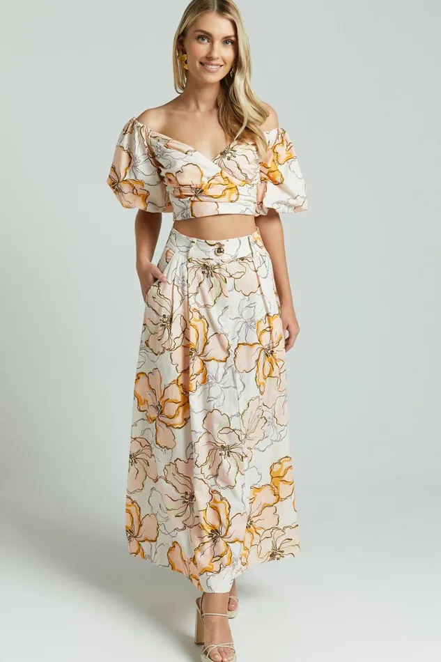 Amalie The Label 8211 Alienor Linen Blend High Waisted Midi Skirt In Maison Fleur Women Showpo Skirts