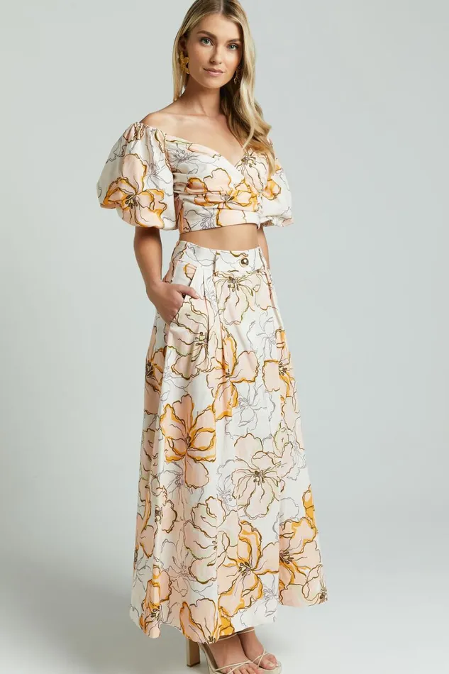 Amalie The Label 8211 Alienor Linen Blend High Waisted Midi Skirt In Maison Fleur Women Showpo Skirts
