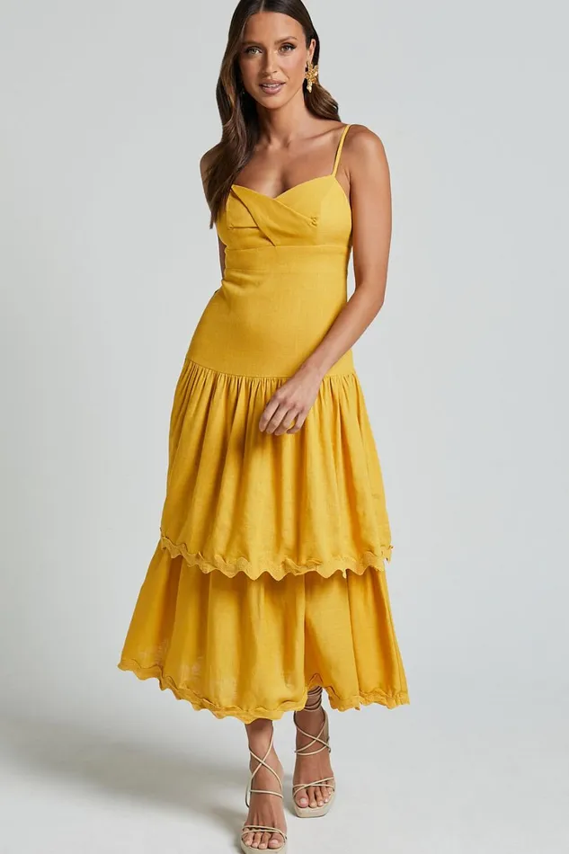 Amalie The Label 8211 Cameo Linen Blend Low Back Tiered Midi Dress In Warm Yellow Gold Women Showpo Dresses Amalie The Label 8211 Cameo Linen Blend Low Back Tiered Midi Dress In Warm Yellow Gold Women Showpo Dresses