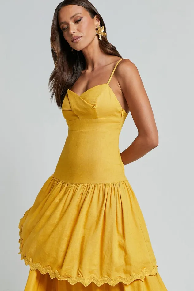Amalie The Label 8211 Cameo Linen Blend Low Back Tiered Midi Dress In Warm Yellow Gold Women Showpo Dresses