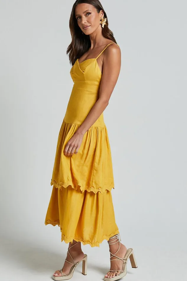Amalie The Label 8211 Cameo Linen Blend Low Back Tiered Midi Dress In Warm Yellow Gold Women Showpo Dresses