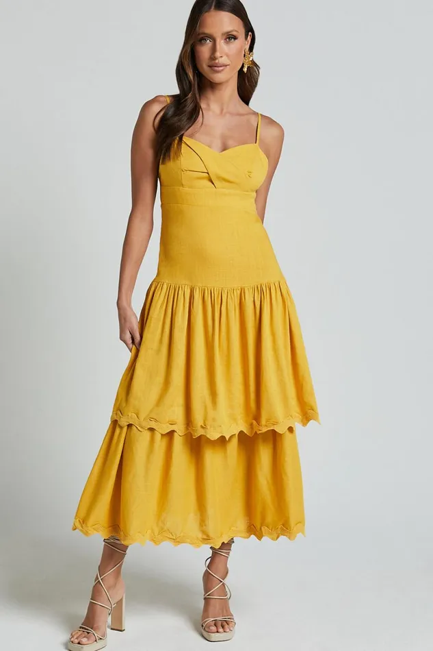 Amalie The Label 8211 Cameo Linen Blend Low Back Tiered Midi Dress In Warm Yellow Gold Women Showpo Dresses
