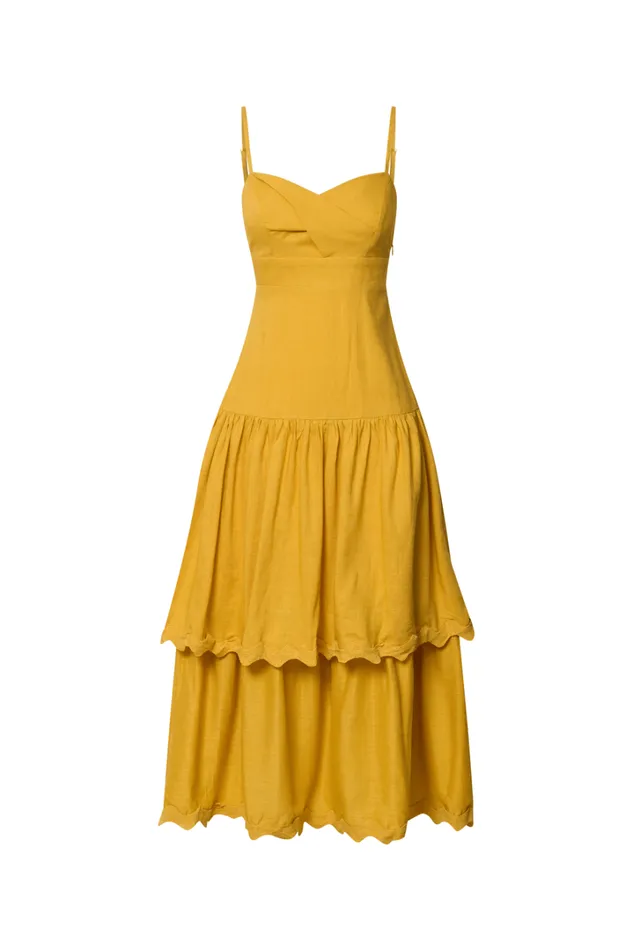 Amalie The Label 8211 Cameo Linen Blend Low Back Tiered Midi Dress In Warm Yellow Gold Women Showpo Dresses