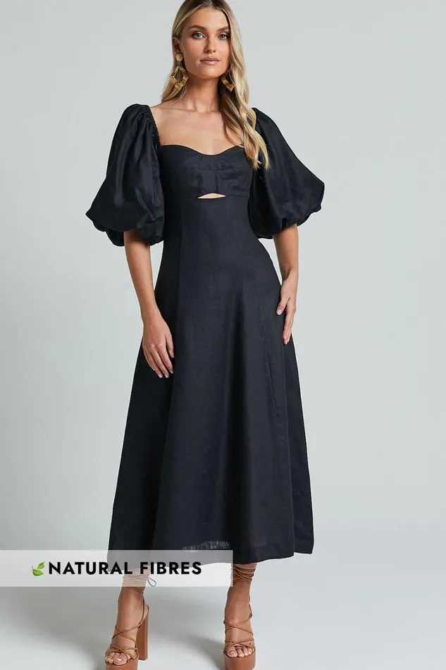 Amalie The Label 8211 Catalina Linen Blend Sweetheart Balloon Sleeve Midi Dress In Black Women Showpo Dresses