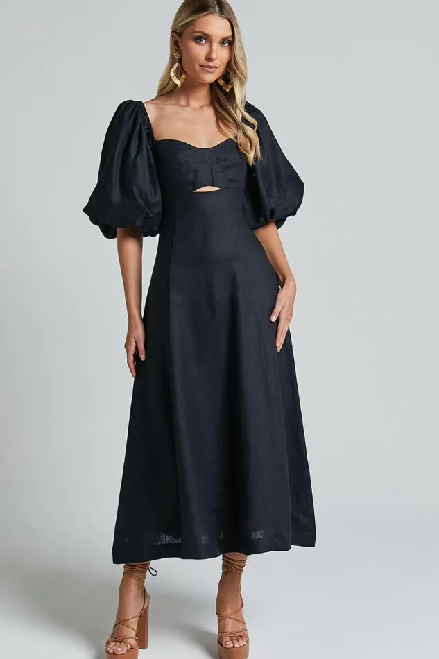 Amalie The Label 8211 Catalina Linen Blend Sweetheart Balloon Sleeve Midi Dress In Black Women Showpo Dresses