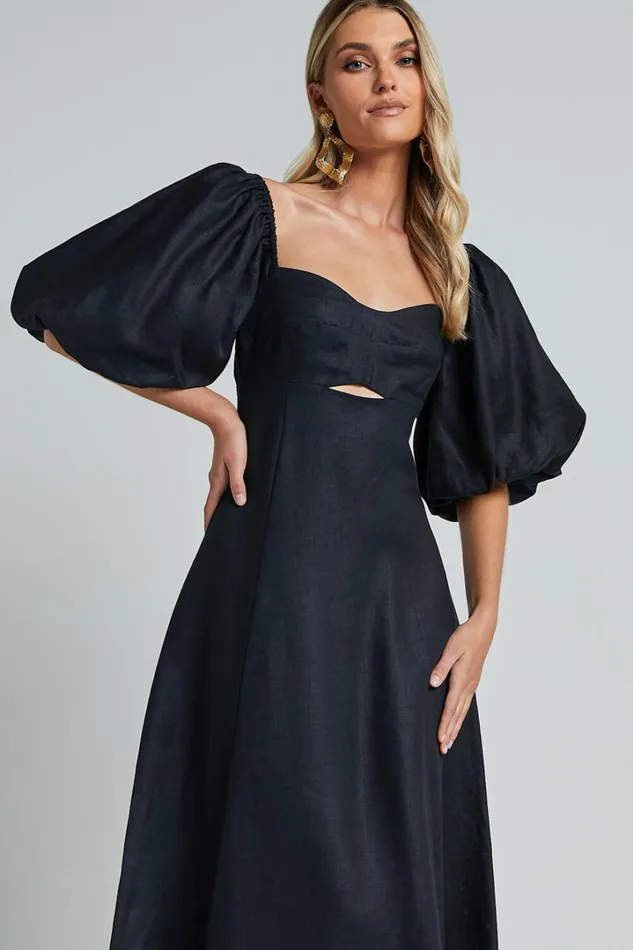 Amalie The Label 8211 Catalina Linen Blend Sweetheart Balloon Sleeve Midi Dress In Black Women Showpo Dresses