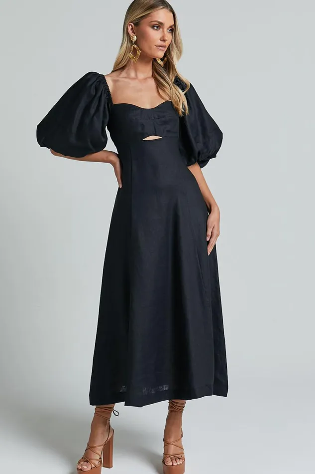 Amalie The Label 8211 Catalina Linen Blend Sweetheart Balloon Sleeve Midi Dress In Black Women Showpo Dresses