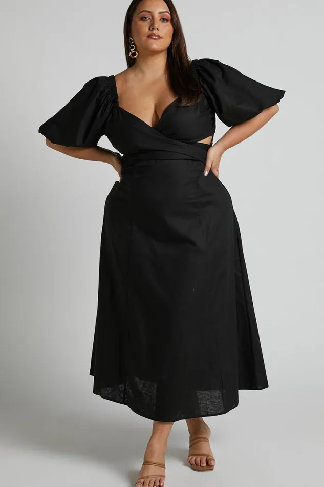 Amalie The Label 8211 Janae Linen Blend Puff Sleeve Cut Out Midi Dress In Black Women Showpo Curve Clothes