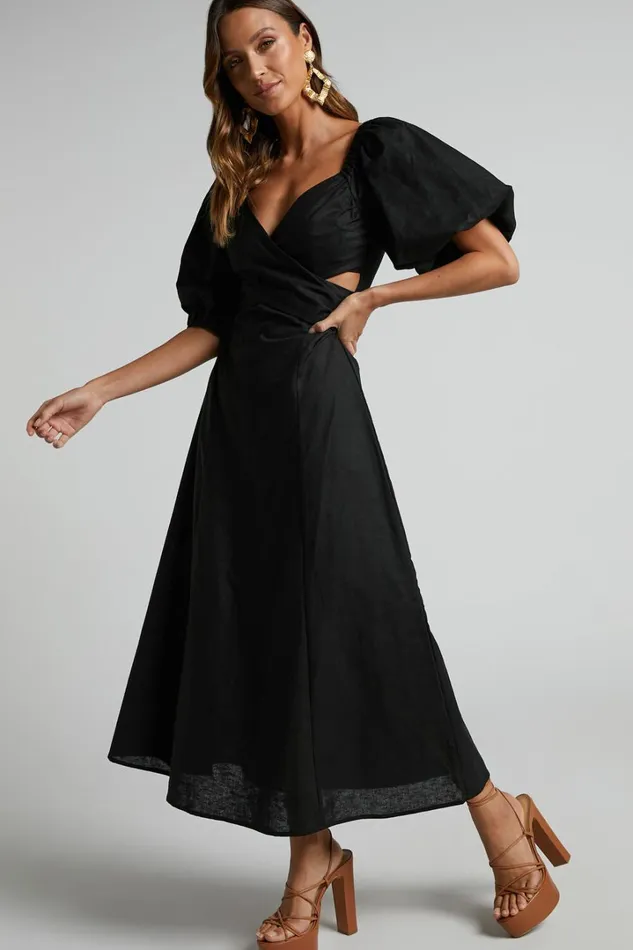 Amalie The Label 8211 Janae Linen Blend Puff Sleeve Cut Out Midi Dress In Black Women Showpo Curve Clothes