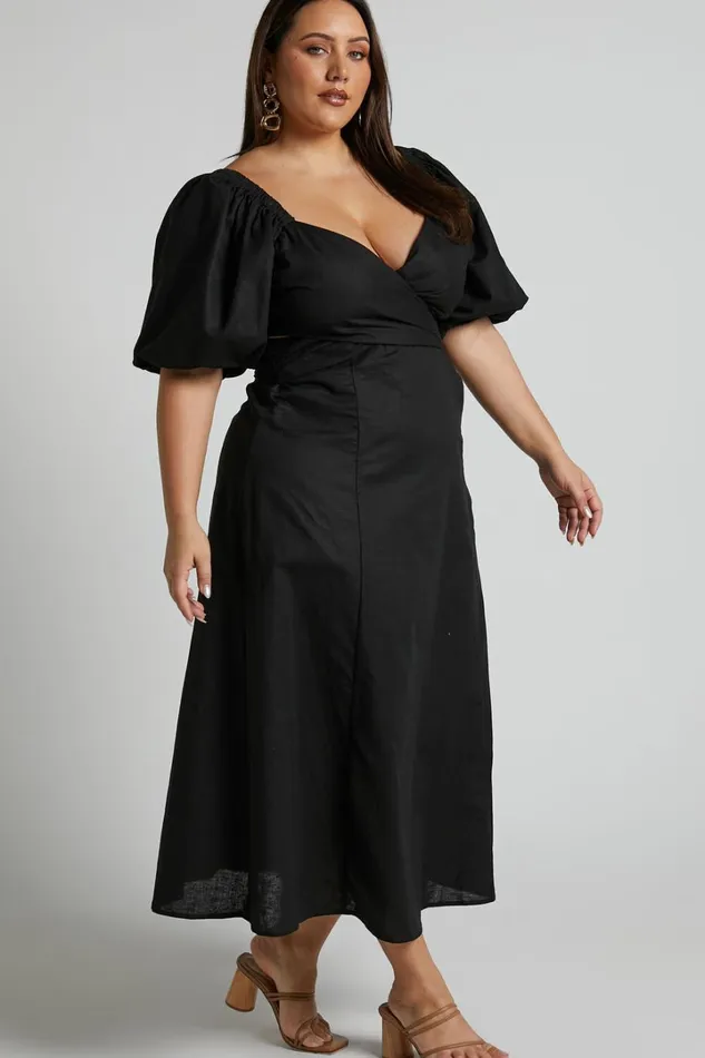 Amalie The Label 8211 Janae Linen Blend Puff Sleeve Cut Out Midi Dress In Black Women Showpo Curve Clothes