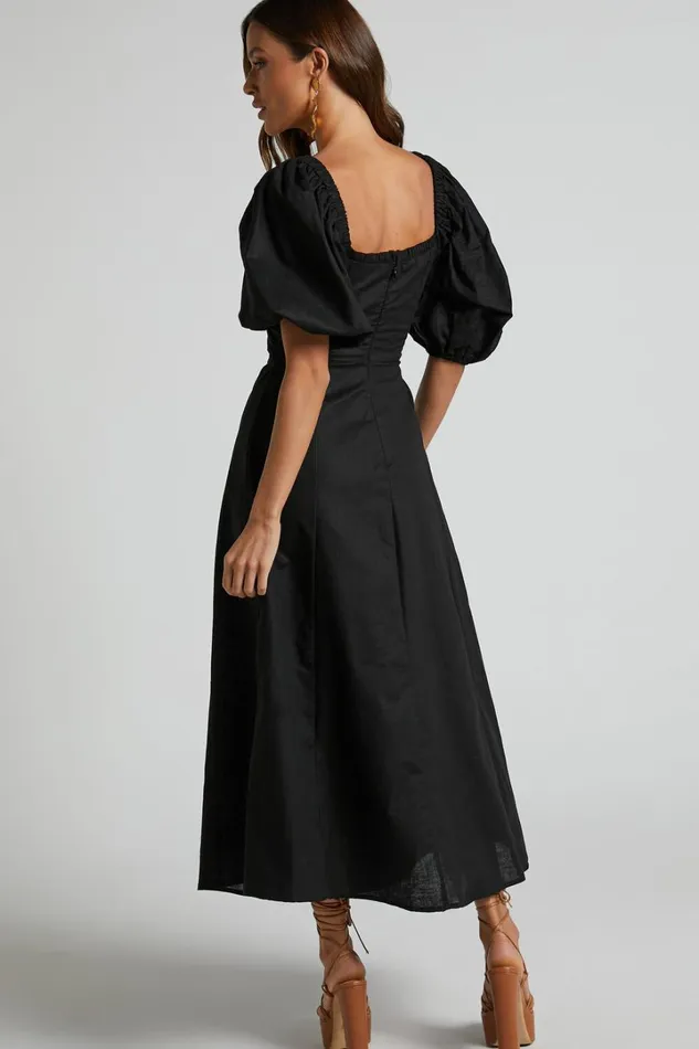 Amalie The Label 8211 Janae Linen Blend Puff Sleeve Cut Out Midi Dress In Black Women Showpo Curve Clothes