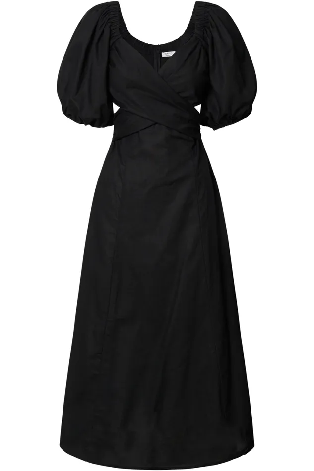 Amalie The Label 8211 Janae Linen Blend Puff Sleeve Cut Out Midi Dress In Black Women Showpo Curve Clothes