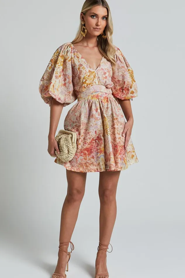 Amalie The Label 8211 Movida Linen Blend Balloon Sleeve Crossover Band Mini Dress In Morocco Print Women Showpo Conscious