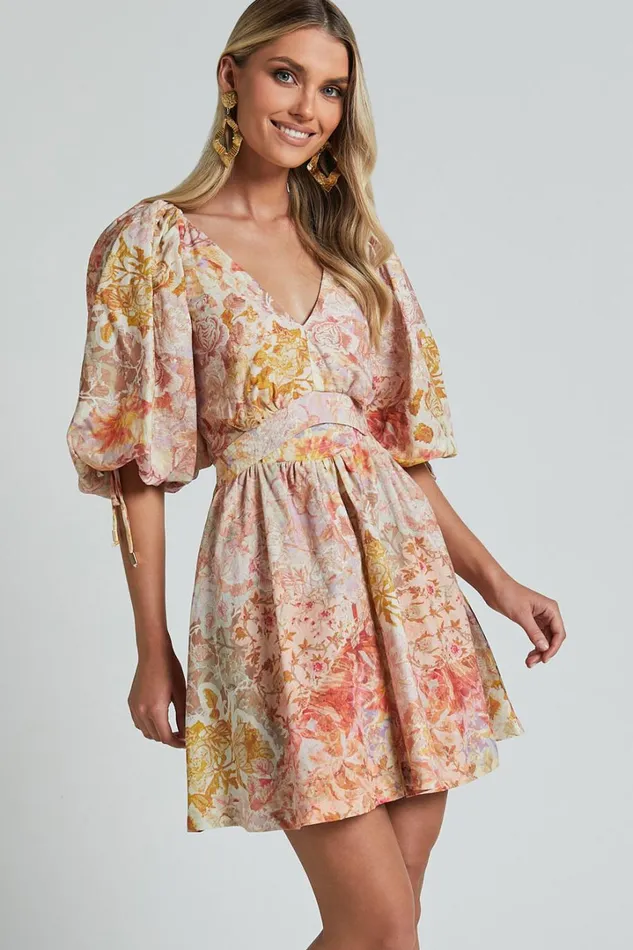 Amalie The Label 8211 Movida Linen Blend Balloon Sleeve Crossover Band Mini Dress In Morocco Print Women Showpo Conscious