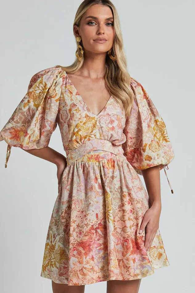 Amalie The Label 8211 Movida Linen Blend Balloon Sleeve Crossover Band Mini Dress In Morocco Print Women Showpo Conscious