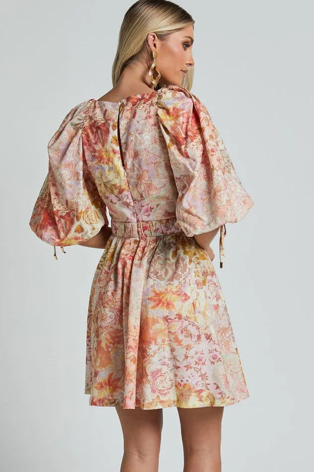 Amalie The Label 8211 Movida Linen Blend Balloon Sleeve Crossover Band Mini Dress In Morocco Print Women Showpo Conscious
