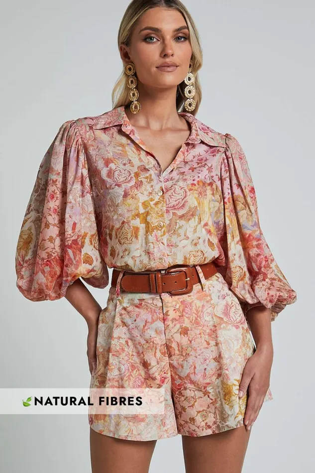 Amalie The Label 8211 Noemie Linen Blend High Waisted Belted Tailored Shorts In Morocco Print Women Showpo Conscious