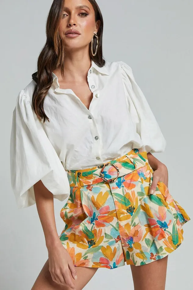 Amalie The Label 8211 Noemie Linen Blend High Waisted Belted Tailored Shorts In Morocco Print Women Showpo Conscious