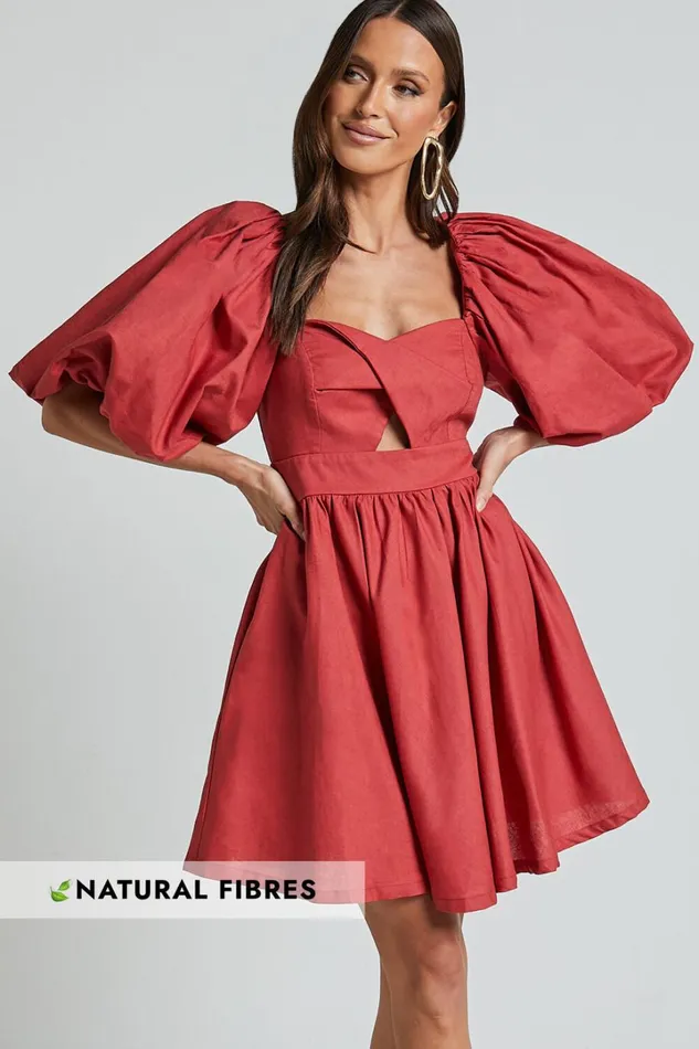 Amalie The Label 8211 Penelopia Linen Blend Puff Sleeve Twist Bodice Mini Dress In Vermilion Women Showpo Dresses Amalie The Label 8211 Penelopia Linen Blend Puff Sleeve Twist Bodice Mini Dress In Vermilion Women Showpo Dresses