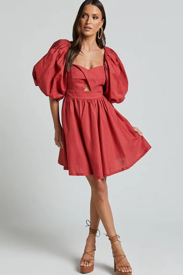 Amalie The Label 8211 Penelopia Linen Blend Puff Sleeve Twist Bodice Mini Dress In Vermilion Women Showpo Dresses