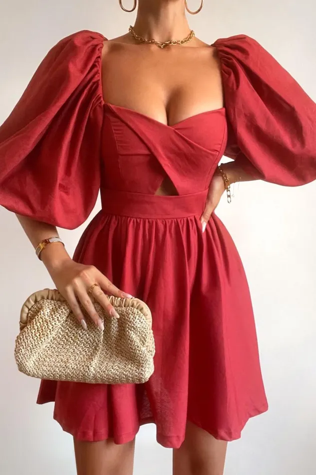 Amalie The Label 8211 Penelopia Linen Blend Puff Sleeve Twist Bodice Mini Dress In Vermilion Women Showpo Dresses