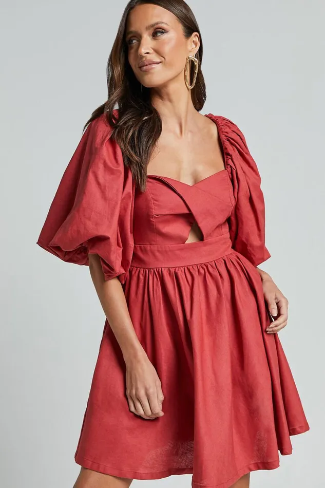 Amalie The Label 8211 Penelopia Linen Blend Puff Sleeve Twist Bodice Mini Dress In Vermilion Women Showpo Dresses