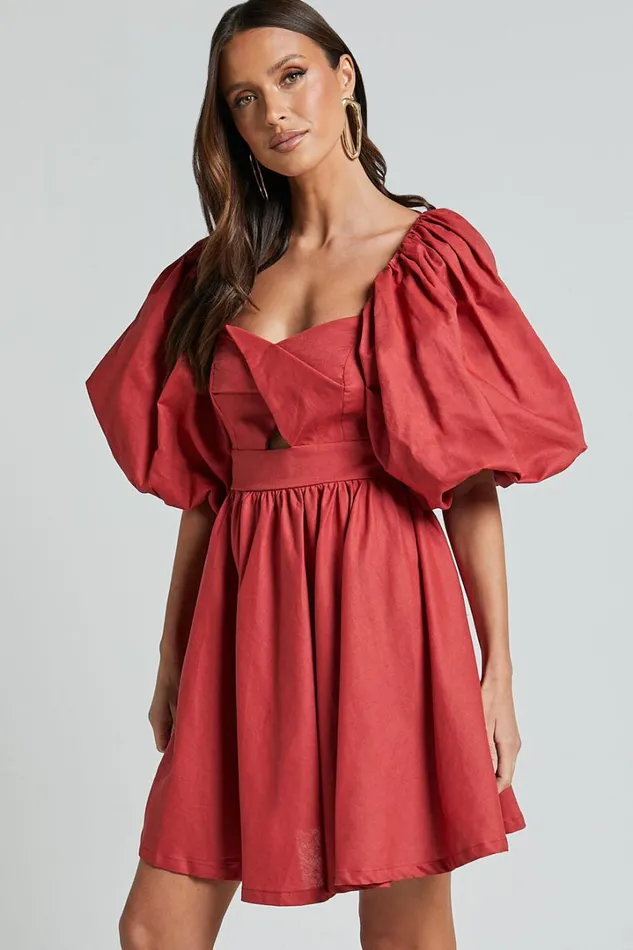 Amalie The Label 8211 Penelopia Linen Blend Puff Sleeve Twist Bodice Mini Dress In Vermilion Women Showpo Dresses