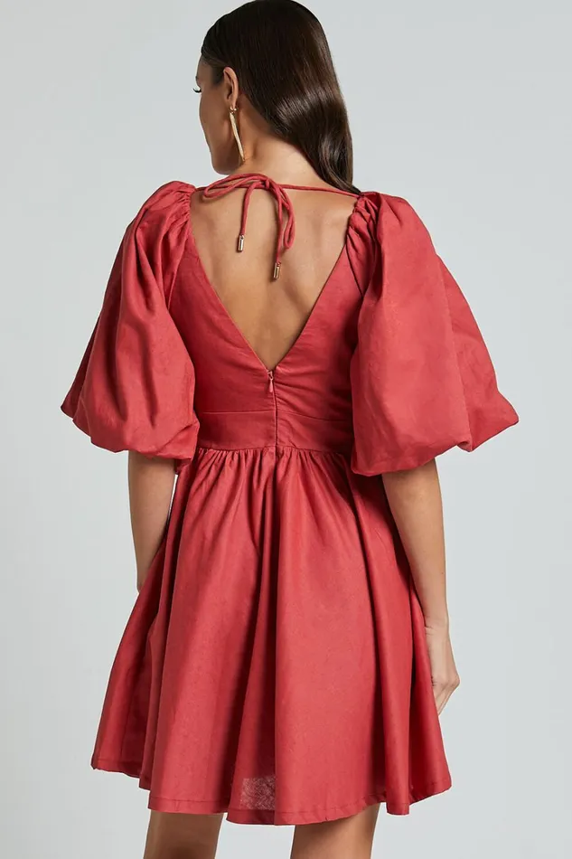 Amalie The Label 8211 Penelopia Linen Blend Puff Sleeve Twist Bodice Mini Dress In Vermilion Women Showpo Dresses
