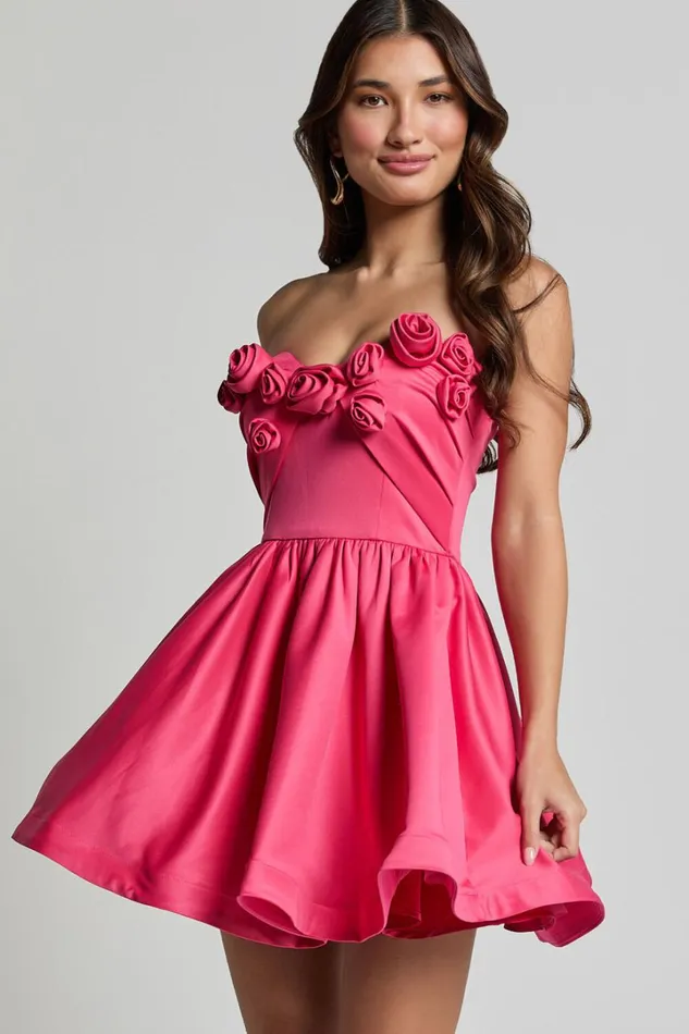 Angeletta Mini Dress 8211 Sweetheart Rosette Detail Fit and Flare In Pink Women Showpo Dresses