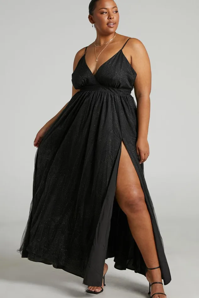 Angelina Midi Dress 8211 Plunge Neck Glitter Neck Dress In Black Women Showpo Curve Clothes