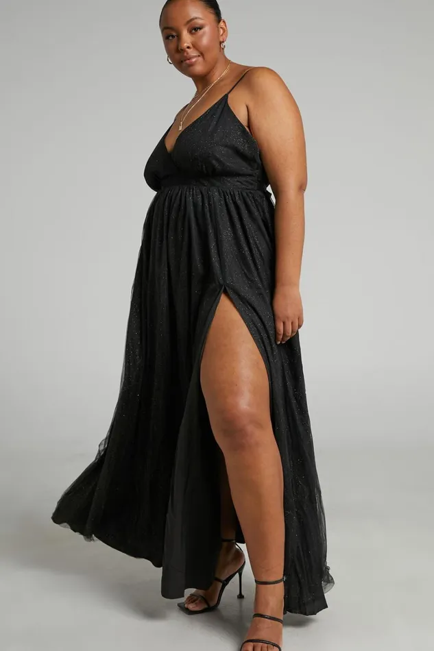 Angelina Midi Dress 8211 Plunge Neck Glitter Neck Dress In Black Women Showpo Curve Clothes
