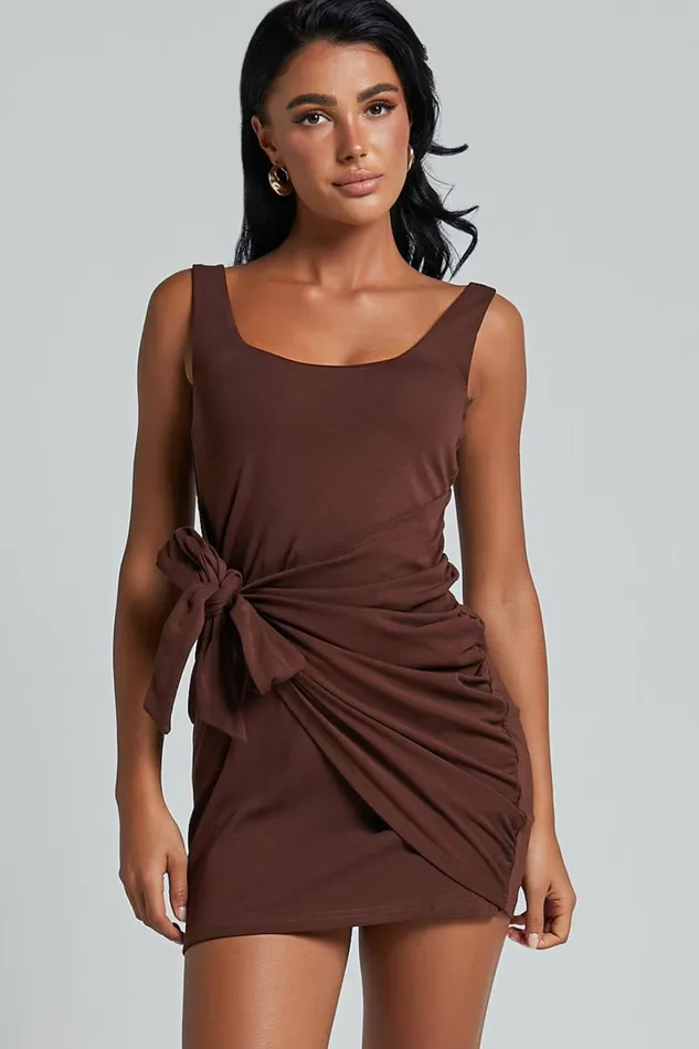 Angeni Mini Dress 8211 Scoop Neck Wrap Dress In Dark Oak Women Showpo Basics