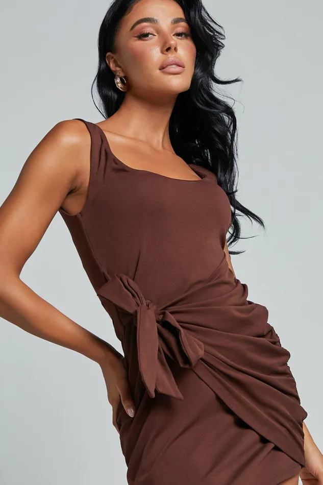 Angeni Mini Dress 8211 Scoop Neck Wrap Dress In Dark Oak Women Showpo Basics