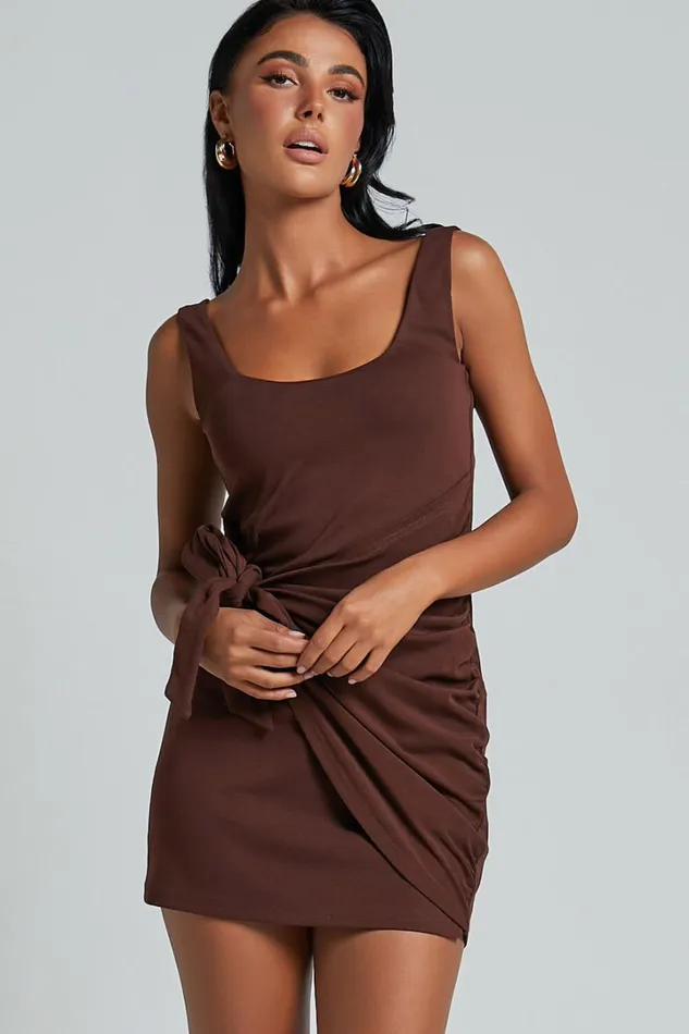 Angeni Mini Dress 8211 Scoop Neck Wrap Dress In Dark Oak Women Showpo Basics