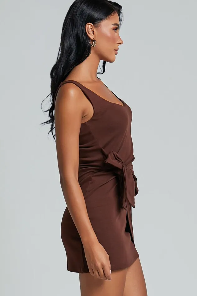 Angeni Mini Dress 8211 Scoop Neck Wrap Dress In Dark Oak Women Showpo Basics